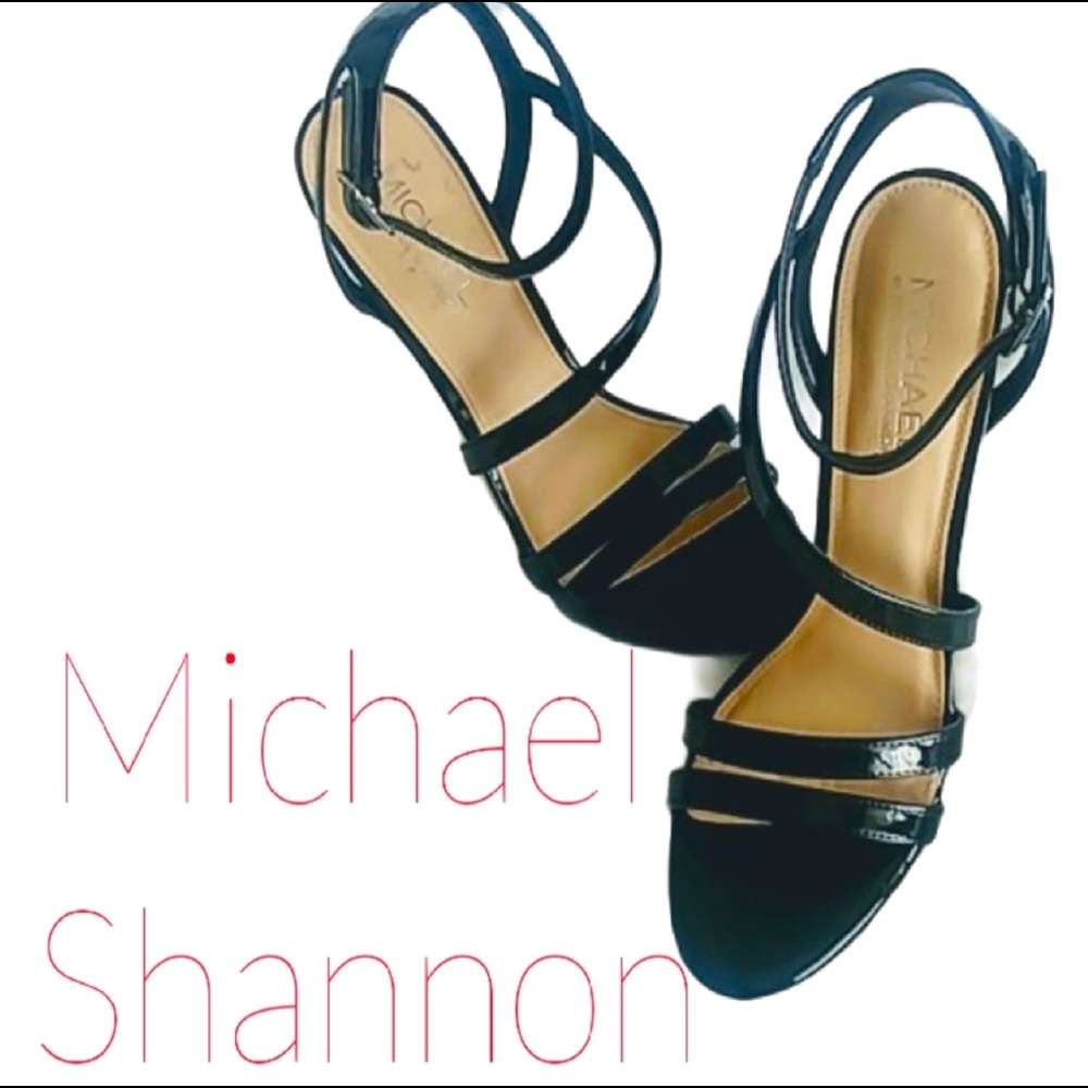 Michael Shannon “Heidi” black patent strappy heels
